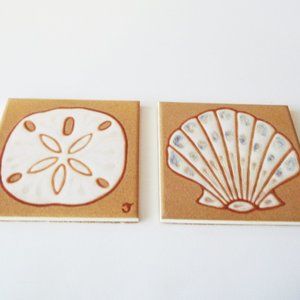 2 Vintage Pottery Tiles, Sea Shell & Sand Dollar, Jane Tallman, Tallahassee FL